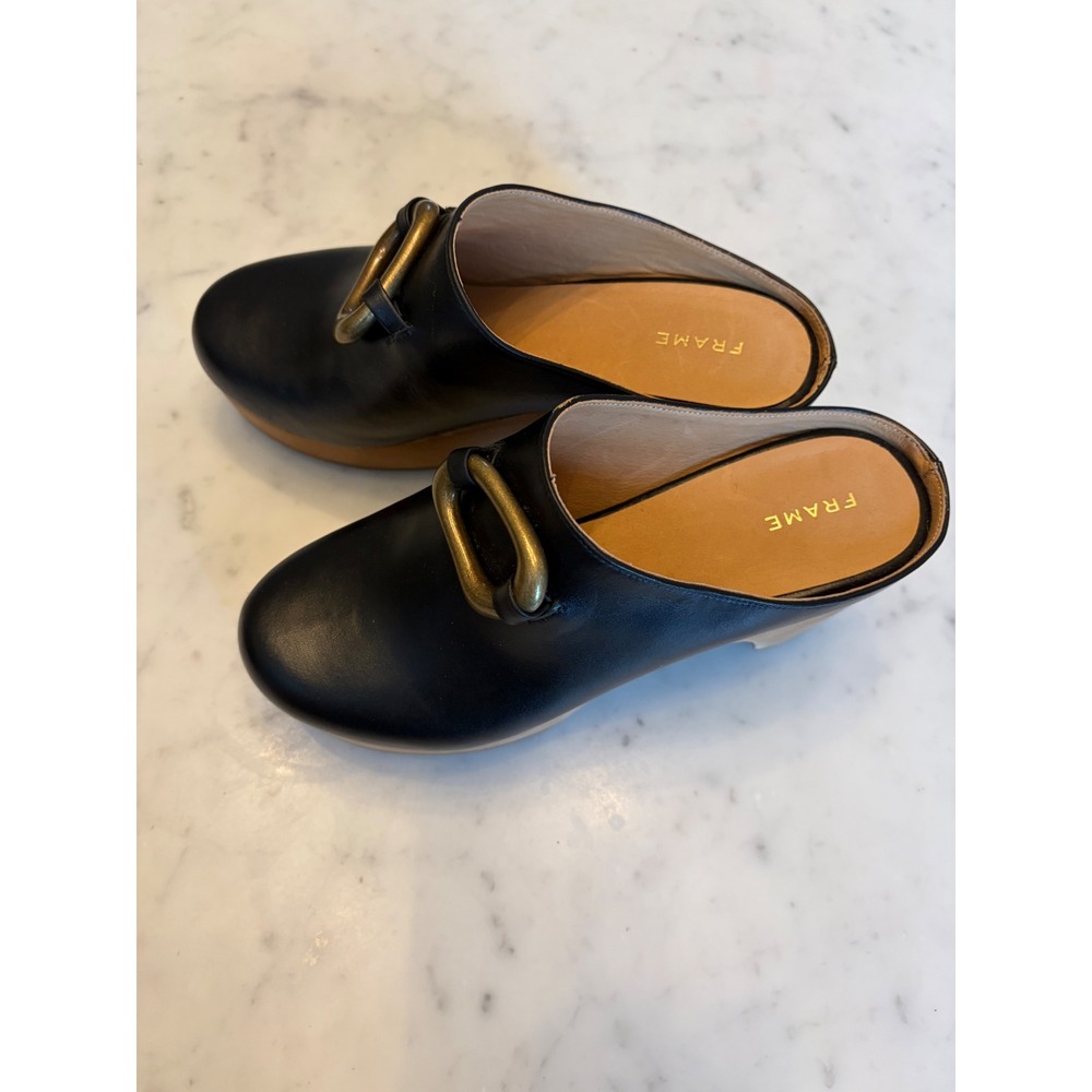 Frame Le Ione Clog Noir Black Leather Wooden Platform Mules Brass Buckle 37 US 7 - Picture 4 of 13